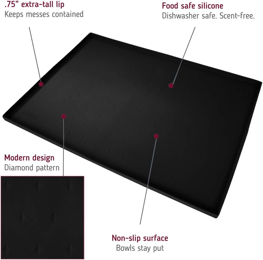 Leashboss Splash Mat Dog Food Mat with Tall Lip, M/L (20"x13"), XL (25”x17”) or XXL (30"x22") Dog Bowl Mat for Food and Water, Non Slip Waterproof Silicone Pet Food Mat for Dogs and Cats