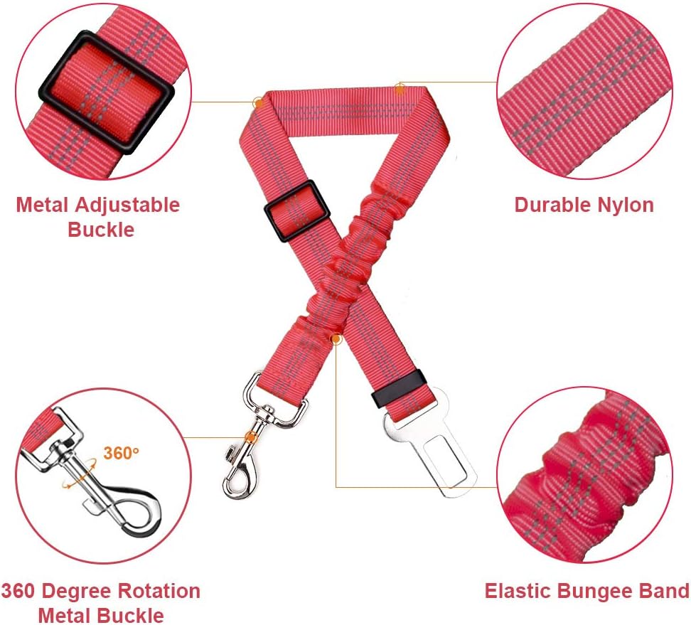 SlowTon Dog Seatbelt, 2 Pack Dog Seat Belt Car Leash Adjustable Elastic Bungee Buffer Heavy Duty Nylon Reflective Pet Safety Tether Connect to Dog Harness for Travel Riding in Vehicle Daily Use
