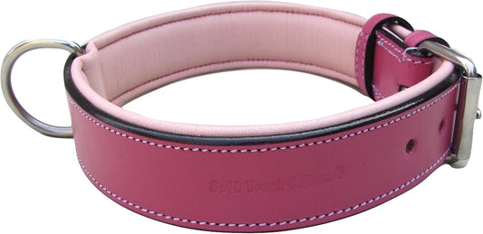 Raspberry Pink Leather Padded Dog Collar, for Large Female Dogs, Made with Genuine Real Leather, 24" Long x 1.5" Wide