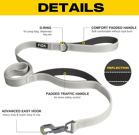 Fida 4 FT Heavy Duty Dog Leash with 2 Comfortable Padded Handles, Traffic Handle & Advanced Easy Snap Hook, Reflective Walking Lead for Large, Medium & Small Breed Dogs, Grey