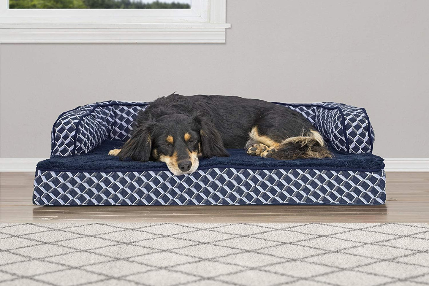 Furhaven Orthopedic Dog Bed for Medium/Small Dogs w/ Removable Bolsters & Washable Cover, For Dogs Up to 35 lbs - Plush & Woven Decor Comfy Couch Sofa - Diamond Blue, Medium