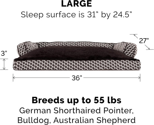 Furhaven Pillow Dog Bed for Large/Medium Dogs w/ Removable Bolsters & Washable Cover - Plush & Woven Decor Comfy Couch Sofa - Diamond Brown, Large