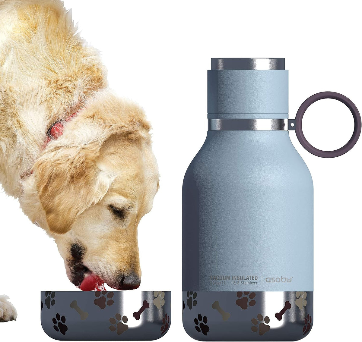 Asobu Dog Bowl Attached to Stainless Steel Insulated Travel Bottle for Human 37oz/1.1 Liter (Blue)