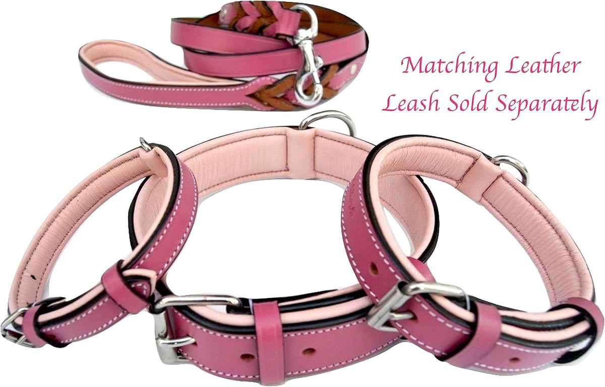 Raspberry Pink Leather Padded Dog Collar, for Large Female Dogs, Made with Genuine Real Leather, 24" Long x 1.5" Wide