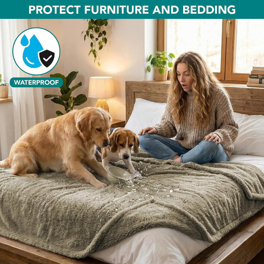 PetAmi Fluffy Waterproof Dog Blanket for Couch and Bed, Reversible Sherpa Pet Throw, Pee Proof Furniture Protector Sofa Cover, Washable Cat Blanket for Medium Large Dogs and Cats (Taupe Camel, 60x80)