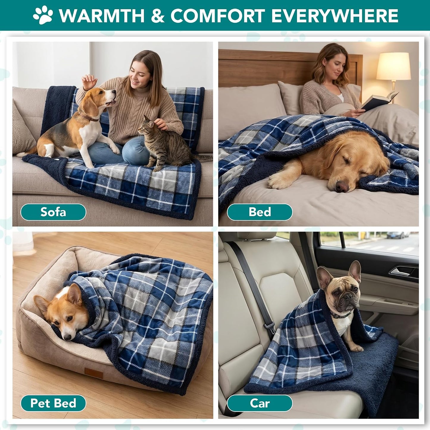 PetAmi Dog Blanket for Medium Large Dogs and Pets, Soft Sherpa Fleece Pet Blanket for Cats Puppies, Reversible Plush Couch Cover Protector Sofa Bed Car Seat, Machine Washable, 80x60, Plaid Navy Blue