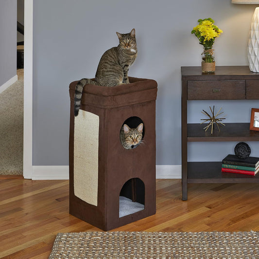 MidWest Homes for Pets Feline Nuvo Curious Cat Condo, Tri-Level Cat Tree, Faux Brown Suede with Hideaways, Bed Top & Sisal Scratch Panel, for Multiple Cats
