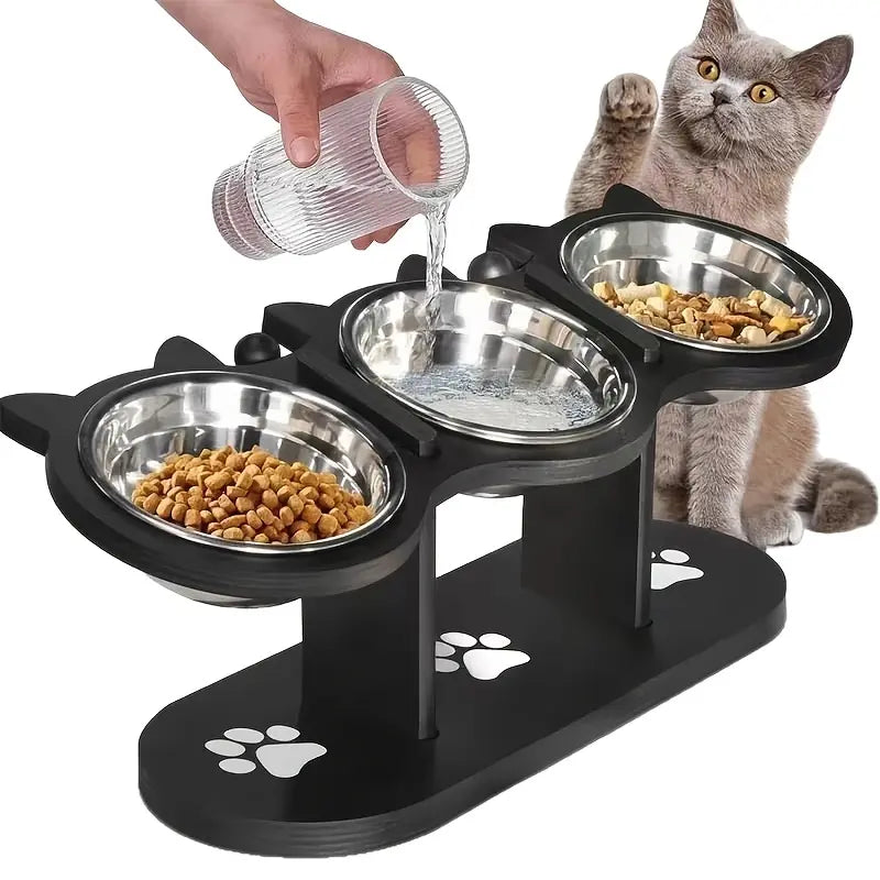 3 Bowl Elevated Cat Feeder with Food Water & Treat Bowls, 15° Tilted Raised Cat Bowl Stand with Detachable Stainless Steel Bowls, Anti-Slip Base, Ergonomic Design Reduces Neck Strain, Easy Clean Stable Pet Feeding Station