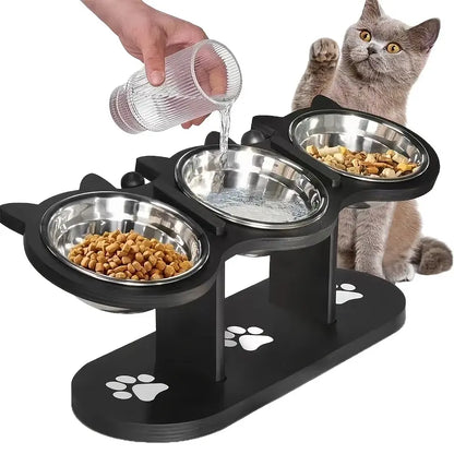 3 Bowl Elevated Cat Feeder with Food Water & Treat Bowls, 15° Tilted Raised Cat Bowl Stand with Detachable Stainless Steel Bowls, Anti-Slip Base, Ergonomic Design Reduces Neck Strain, Easy Clean Stable Pet Feeding Station