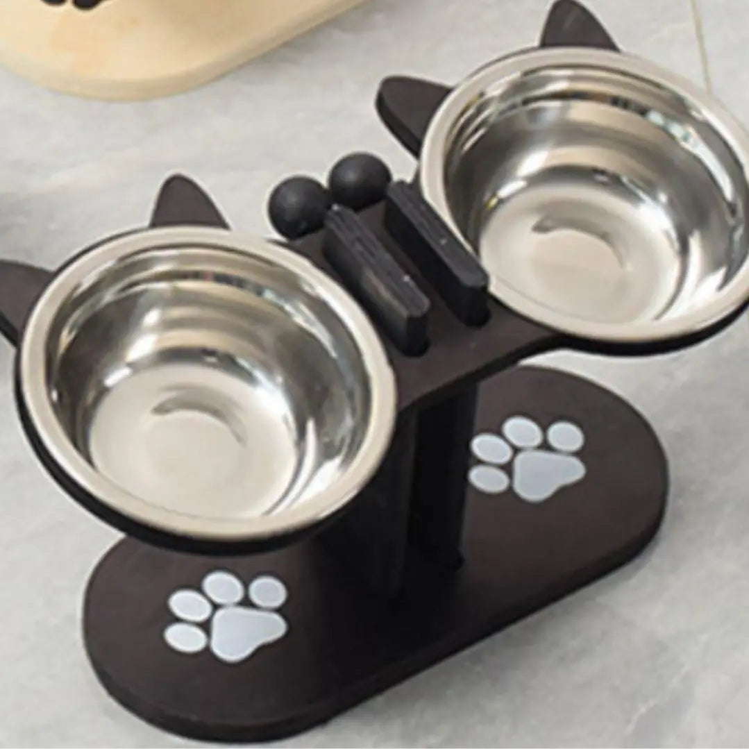 3 Bowl Elevated Cat Feeder with Food Water & Treat Bowls, 15° Tilted Raised Cat Bowl Stand with Detachable Stainless Steel Bowls, Anti-Slip Base, Ergonomic Design Reduces Neck Strain, Easy Clean Stable Pet Feeding Station