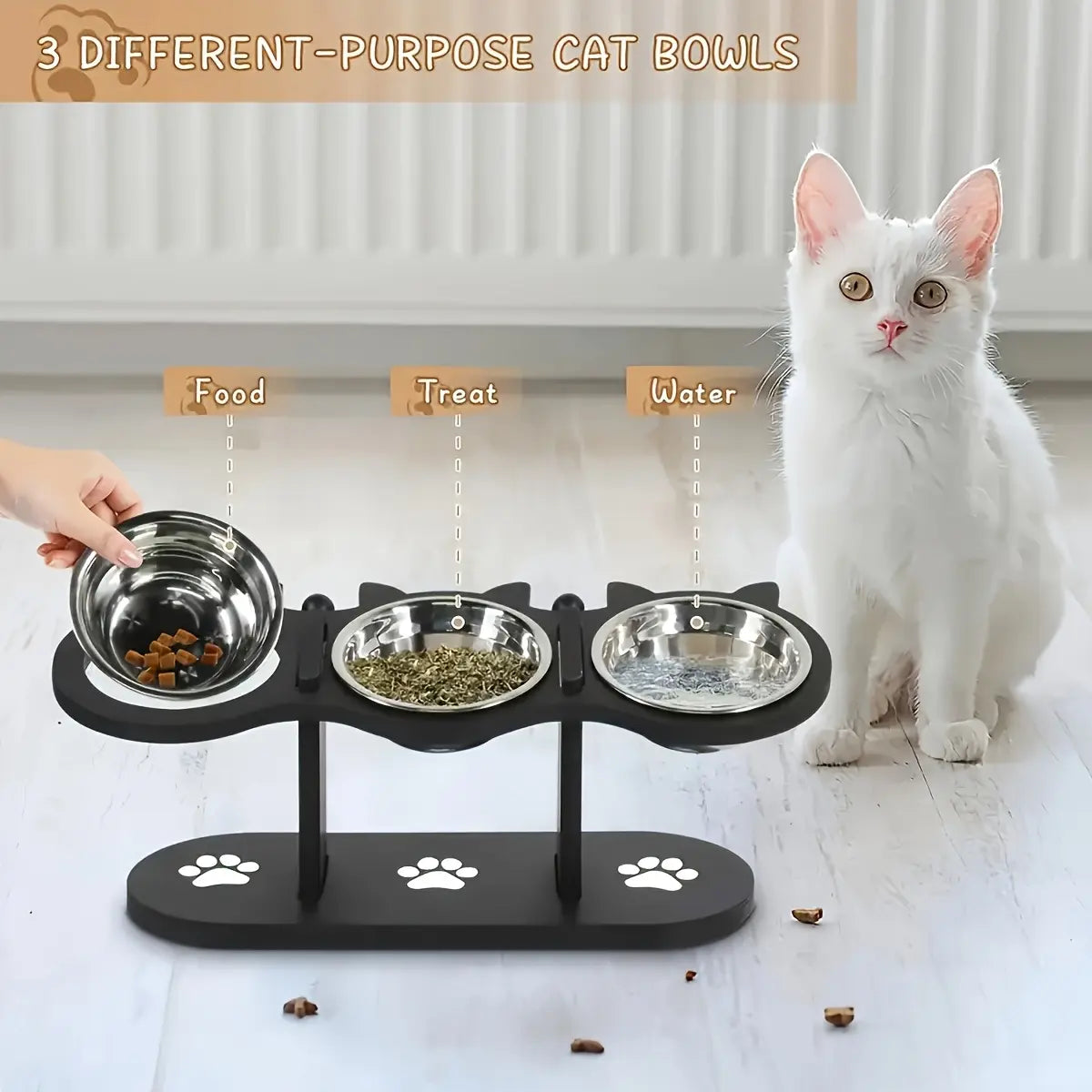 3 Bowl Elevated Cat Feeder with Food Water & Treat Bowls, 15° Tilted Raised Cat Bowl Stand with Detachable Stainless Steel Bowls, Anti-Slip Base, Ergonomic Design Reduces Neck Strain, Easy Clean Stable Pet Feeding Station