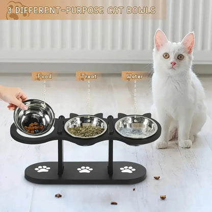 3 Bowl Elevated Cat Feeder with Food Water & Treat Bowls, 15° Tilted Raised Cat Bowl Stand with Detachable Stainless Steel Bowls, Anti-Slip Base, Ergonomic Design Reduces Neck Strain, Easy Clean Stable Pet Feeding Station