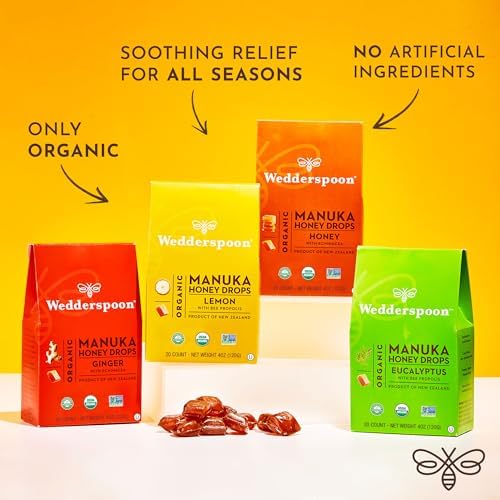Wedderspoon Organic Manuka Honey Drops, Lemon & Bee Propolis, 20 Count | USDA Organic | Genuine New Zealand Honey, Natural Remedy for Dry Throat
