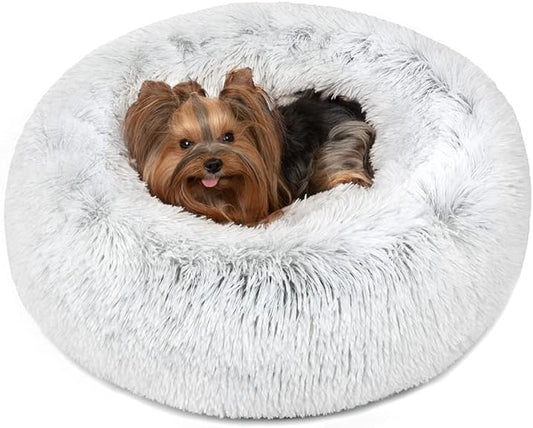 Friends Forever Donut Dog Bed Faux Fur Fluffy Calming Sofa For Small Dogs, Soft & Plush Anti Anxiety Pet Couch For Dogs, Machine Washable Coco Pet Bed with Non-Slip Bottom, 23"x23"x6" Ivory
