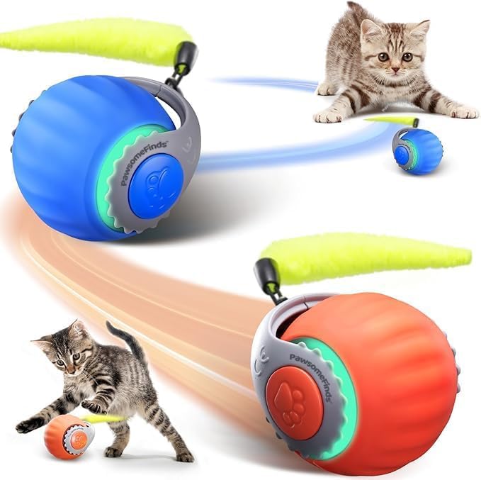 Interactive Cat Toy for Indoor Cats, Two Speed Smart Automatic Cat Toy Moving Ball with Tail, Rechargeable Motion Activated Cat Toys for Bored Indoor Adult Cats