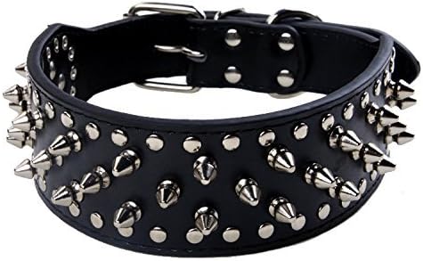 BONAWEN Leather Dog Collar Studded Dog Collar with Spikes for Large Medium Dogs,2" Width