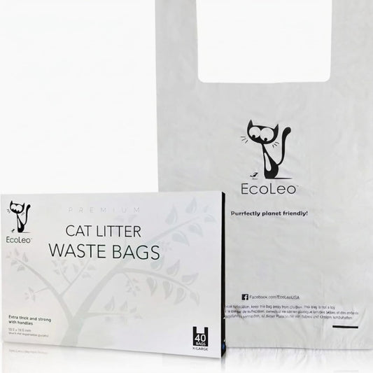 Cat Litter Waste Poop Bags - XL, Cornstarch, Thick Pet/Dog Poo Bags with Easy-Tie Handles,10.5 x 18.5 inch, White, EcoLeo
