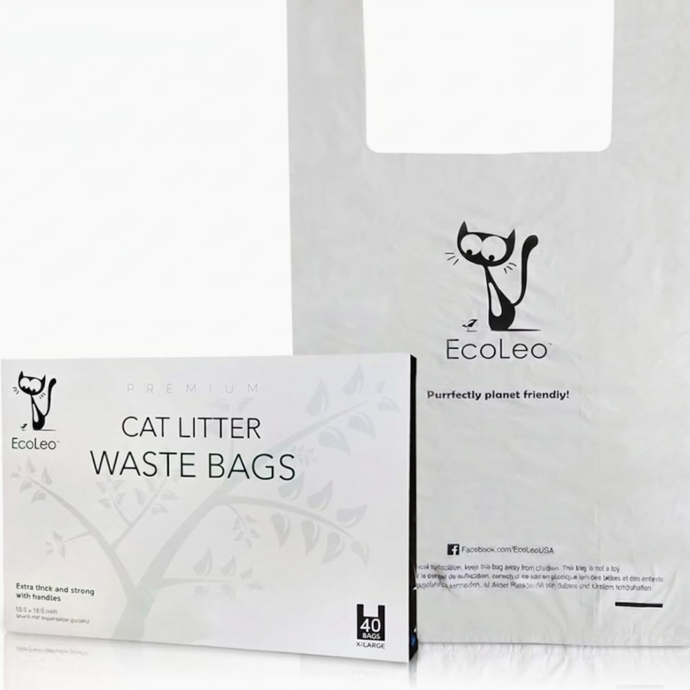 Cat Litter Waste Poop Bags - XL, Cornstarch, Thick Pet/Dog Poo Bags with Easy-Tie Handles,10.5 x 18.5 inch, White, EcoLeo