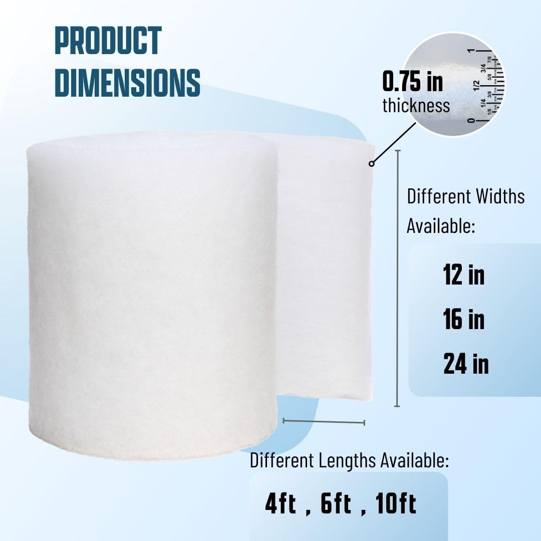 Premium Aquarium Filter Media Pad - Cut-to-Fit Roll, Fresh and Saltwater Safe, Blue & Dye-Free Options, Made in USA (Dye Free, 12"x120" (10 ft) x 0.75")
