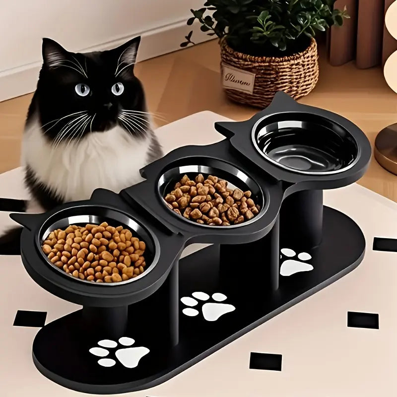3 Bowl Elevated Cat Feeder with Food Water & Treat Bowls, 15° Tilted Raised Cat Bowl Stand with Detachable Stainless Steel Bowls, Anti-Slip Base, Ergonomic Design Reduces Neck Strain, Easy Clean Stable Pet Feeding Station