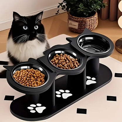 3 Bowl Elevated Cat Feeder with Food Water & Treat Bowls, 15° Tilted Raised Cat Bowl Stand with Detachable Stainless Steel Bowls, Anti-Slip Base, Ergonomic Design Reduces Neck Strain, Easy Clean Stable Pet Feeding Station