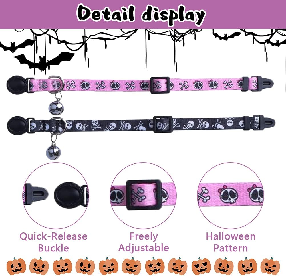 PUPTECK Cat Collar Breakaway with Bells, Kitten Collar Outfit Adjustable for Girl Boy Small Pet Puppy Bunny, Cute Costume Accessory with Safety Release Buckle (Skull)