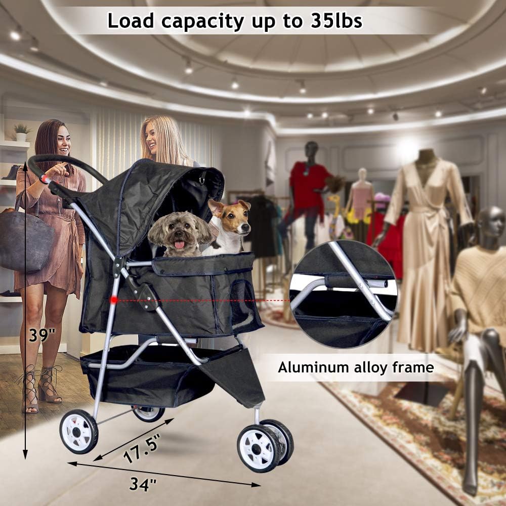 Dkeli 3-Wheel Pet Stroller, Lightweight Foldable Dog Stroller for Small Medium Dogs & Cats, Breathable Mesh & Weather Cover with Storage Basket, for Daily Walk Outdoor Travel (Black)