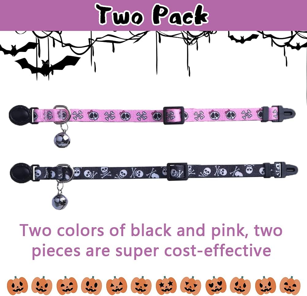 PUPTECK Cat Collar Breakaway with Bells, Kitten Collar Outfit Adjustable for Girl Boy Small Pet Puppy Bunny, Cute Costume Accessory with Safety Release Buckle (Skull)