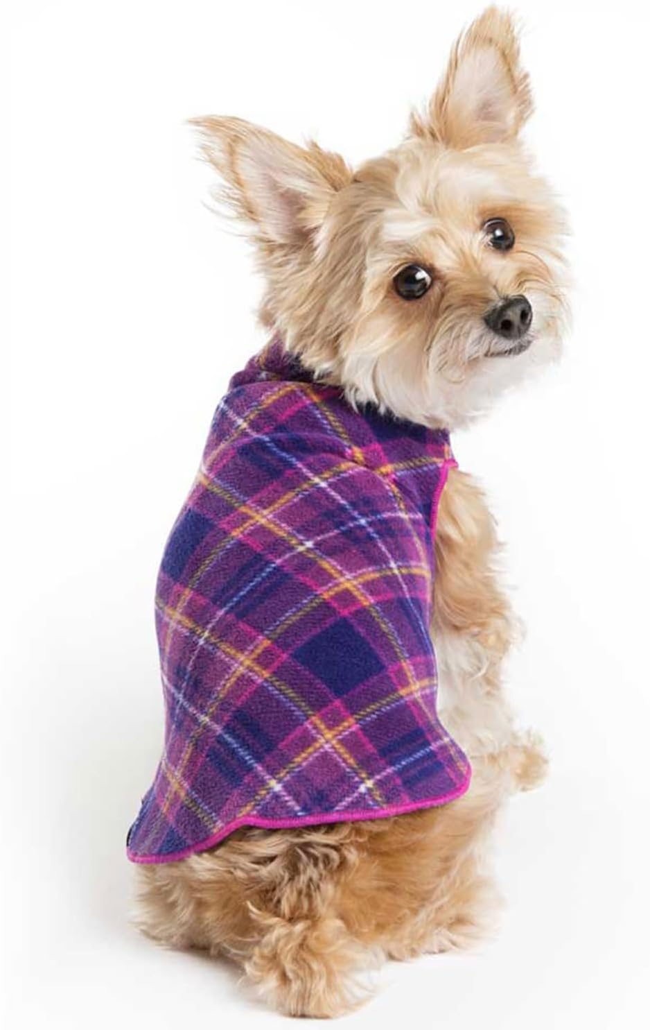 Goldpaw Stretch Fleece Dog Sweater - with Spandex for 4-Way Stretch - Soft, Comfortable Dog Coat - Machine Washable - Made in the USA - Mulberry Plaid - Size 12