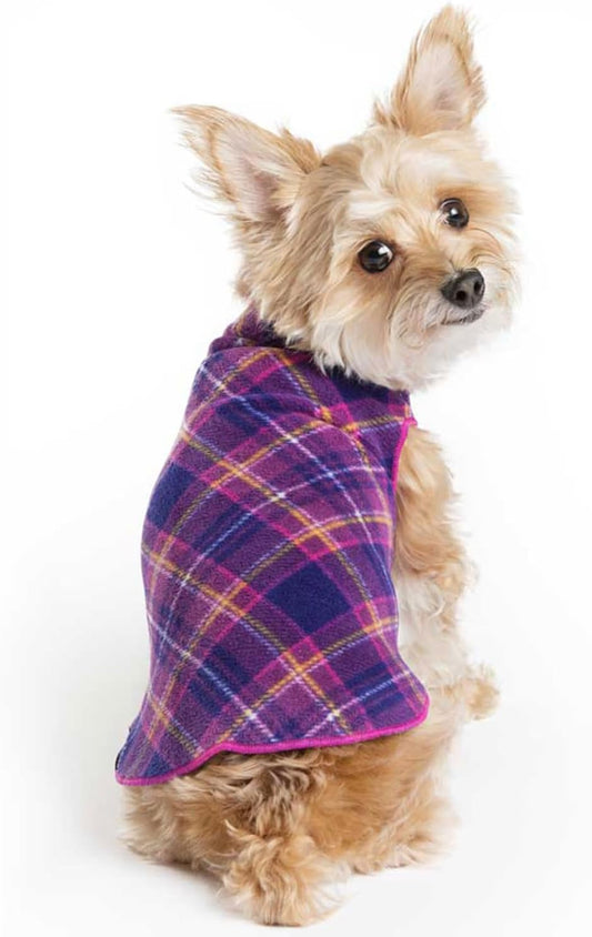 Goldpaw Stretch Fleece Dog Sweater - with Spandex for 4-Way Stretch - Soft, Comfortable Dog Coat - Machine Washable - Made in the USA - Mulberry Plaid - Size 12