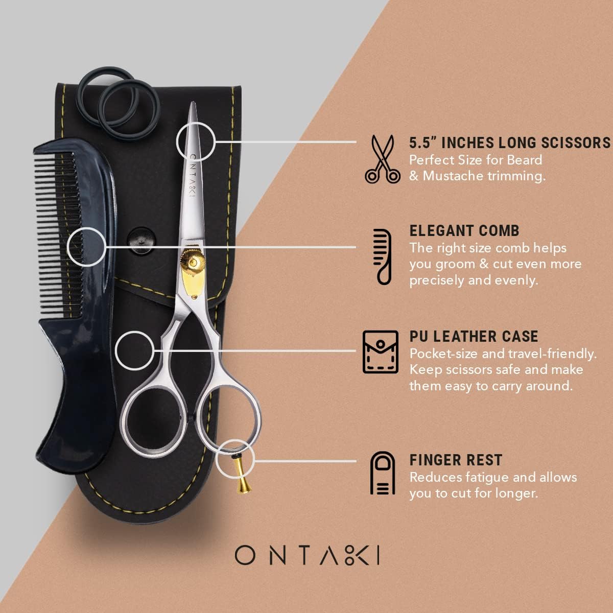 Ontaki Beard & Mustache Scissors for Men - 5.5" Japanese Steel, Silver - Precision Sharp Blades, Ergonomic Finger Rest & Adjustable Tension Screw for Perfect Trimming - Beard Grooming Scissors
