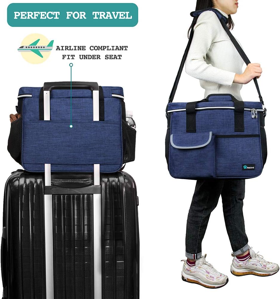 PetAmi Dog Travel Bag Organizer, Pet Travel Kit with 2 Food Containers & 2 Collapsible Dog Bowls, Pet Supplies Tote with Luggage Sleeve, Weekend Road Trip Camping Essentials, Navy Blue, Medium