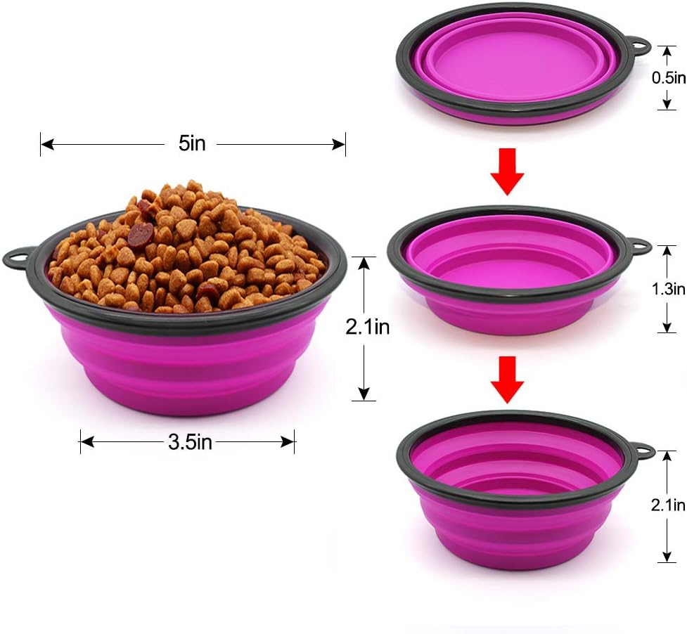 Dog Bowl Pet Collapsible Bowls, 2 Pack Collapsible Dog Water Bowls for Cats Dogs, Portable Pet Feeding Watering Dish for Walking Parking Traveling with 2 Carabiners (Small, Green+Purple)
