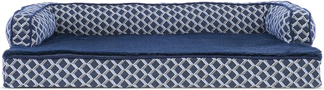 Furhaven Orthopedic Dog Bed for Medium/Small Dogs w/ Removable Bolsters & Washable Cover, For Dogs Up to 35 lbs - Plush & Woven Decor Comfy Couch Sofa - Diamond Blue, Medium