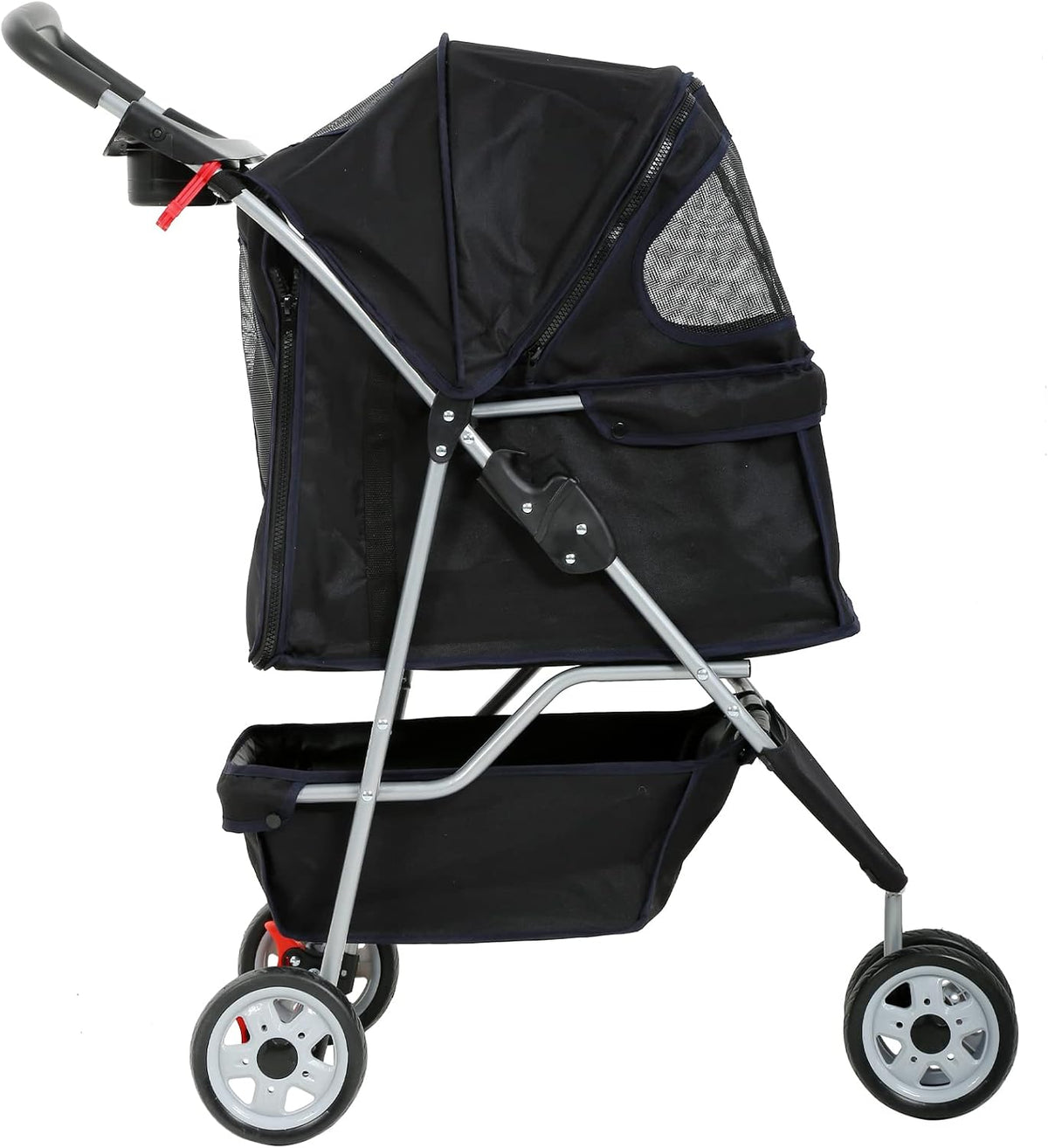 Dkeli 3-Wheel Pet Stroller, Lightweight Foldable Dog Stroller for Small Medium Dogs & Cats, Breathable Mesh & Weather Cover with Storage Basket, for Daily Walk Outdoor Travel (Black)