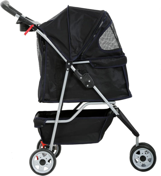 Dkeli 3-Wheel Pet Stroller, Lightweight Foldable Dog Stroller for Small Medium Dogs & Cats, Breathable Mesh & Weather Cover with Storage Basket, for Daily Walk Outdoor Travel (Black)