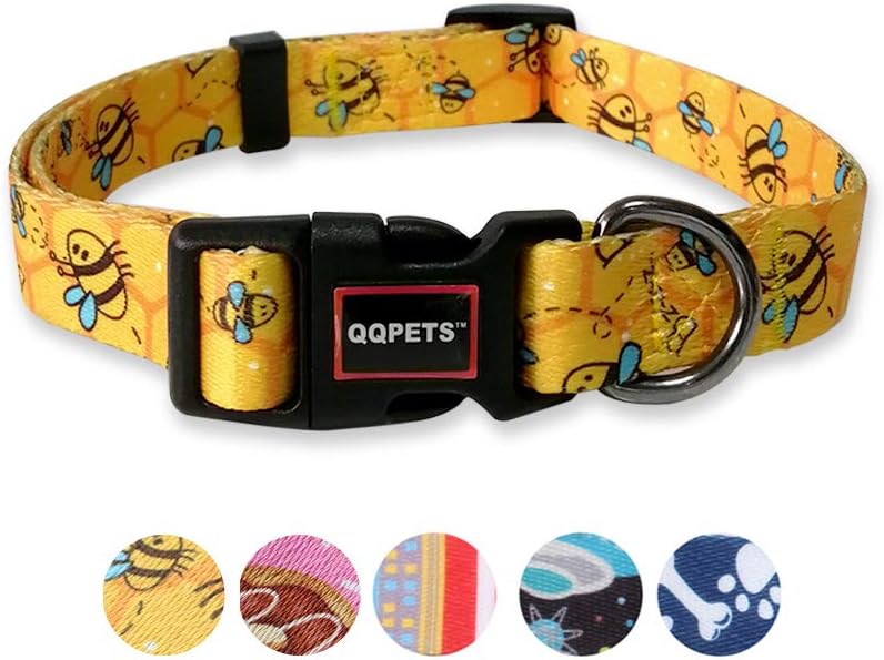 QQPETS Adjustable Soft Dog Collar: Print Flower Pink Multicolor Cute Patterns for XS Small Medium Large Pet Girl Boy Puppy Walking Running Training (M, Yellow Bee)