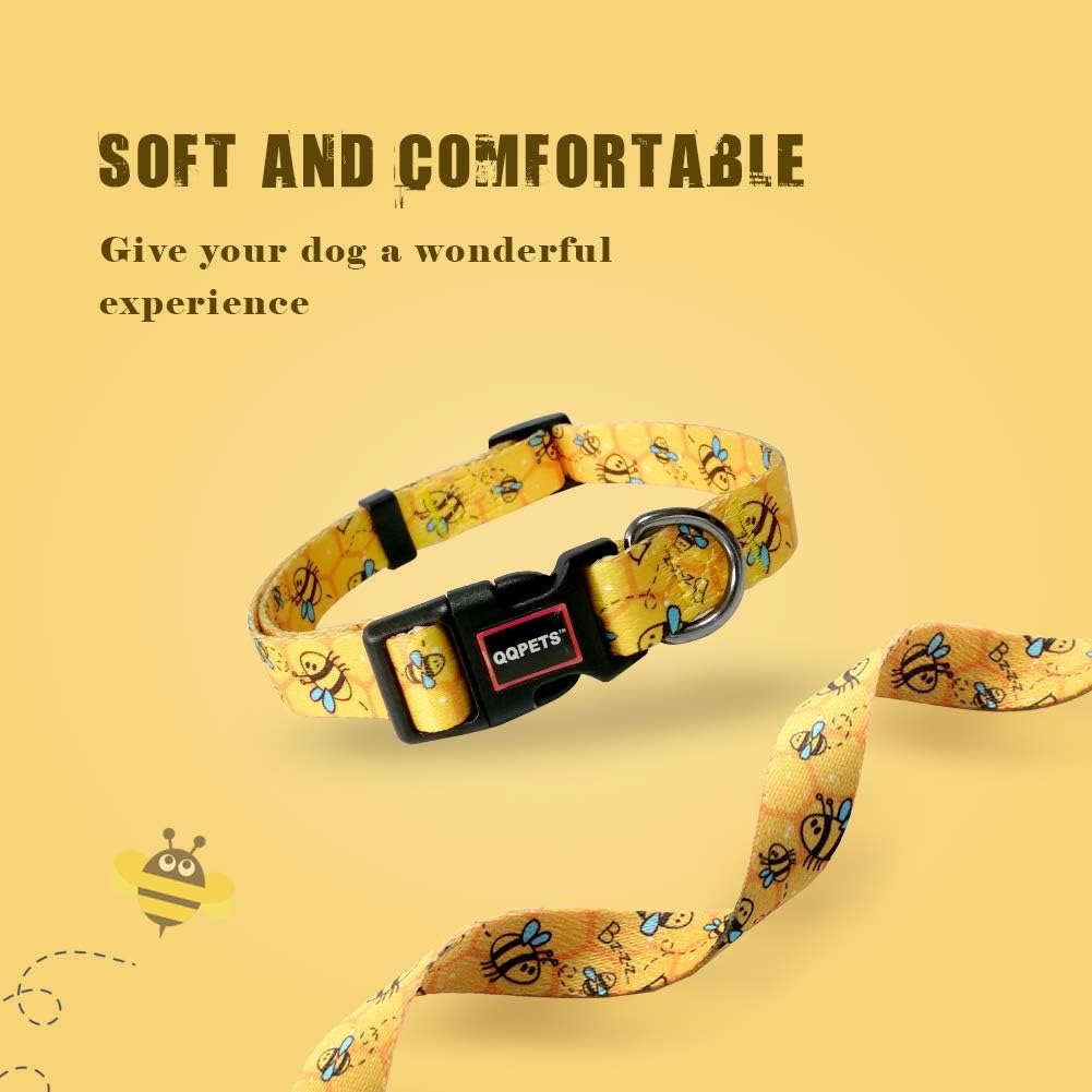 QQPETS Adjustable Soft Dog Collar: Print Flower Pink Multicolor Cute Patterns for XS Small Medium Large Pet Girl Boy Puppy Walking Running Training (M, Yellow Bee)