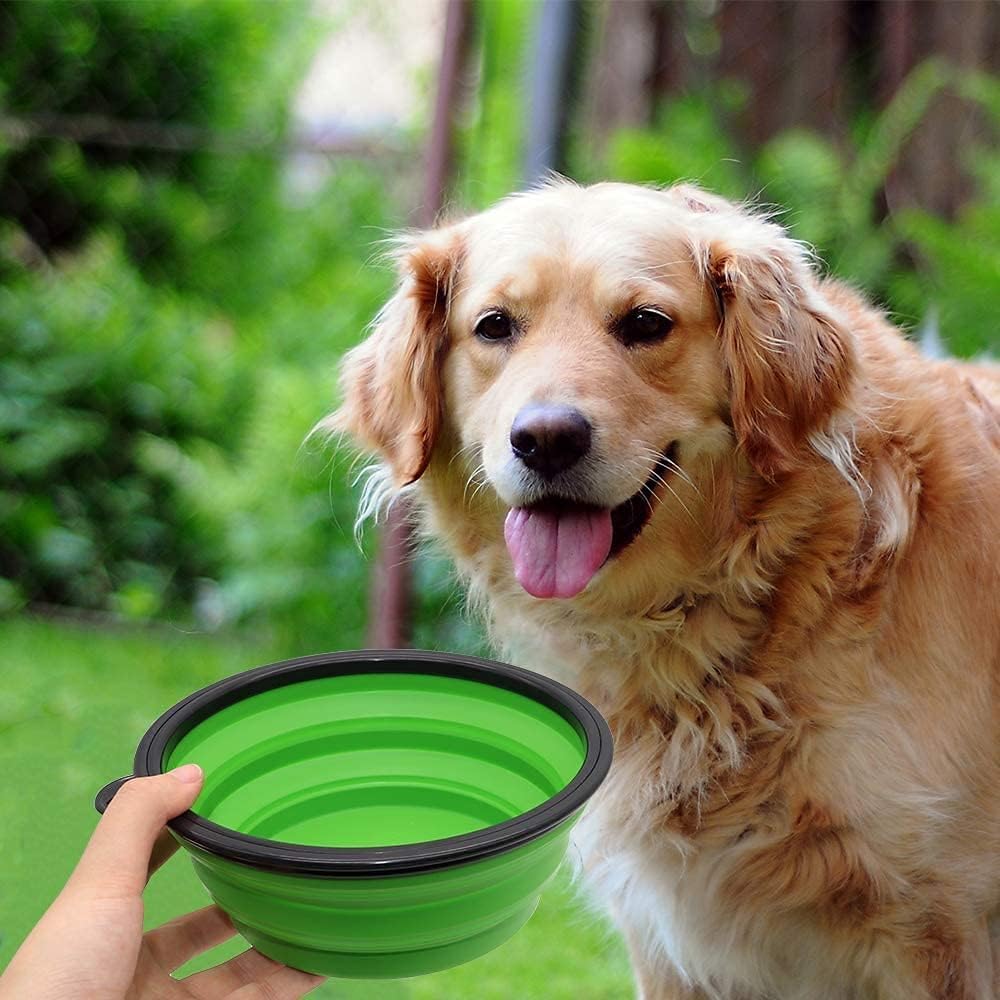 Large Dog Bowl Pet Collapsible Bowls, 2 Pack Collapsible Dog Water Bowls for Cats Dogs, Portable Pet Feeding Watering Dish for Walking Parking Traveling with 2 Carabiners (Large, Blue+Green)