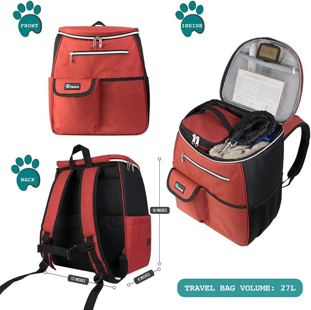 PetAmi Dog Travel Bag Backpack, 27L Airline Approved Pet Supplies Organizer with 2 Food Containers, 2 Collapsible Bowls & Poop Bag Dispenser, Weekend Road Trip Camping Dog Mom Gift, Red
