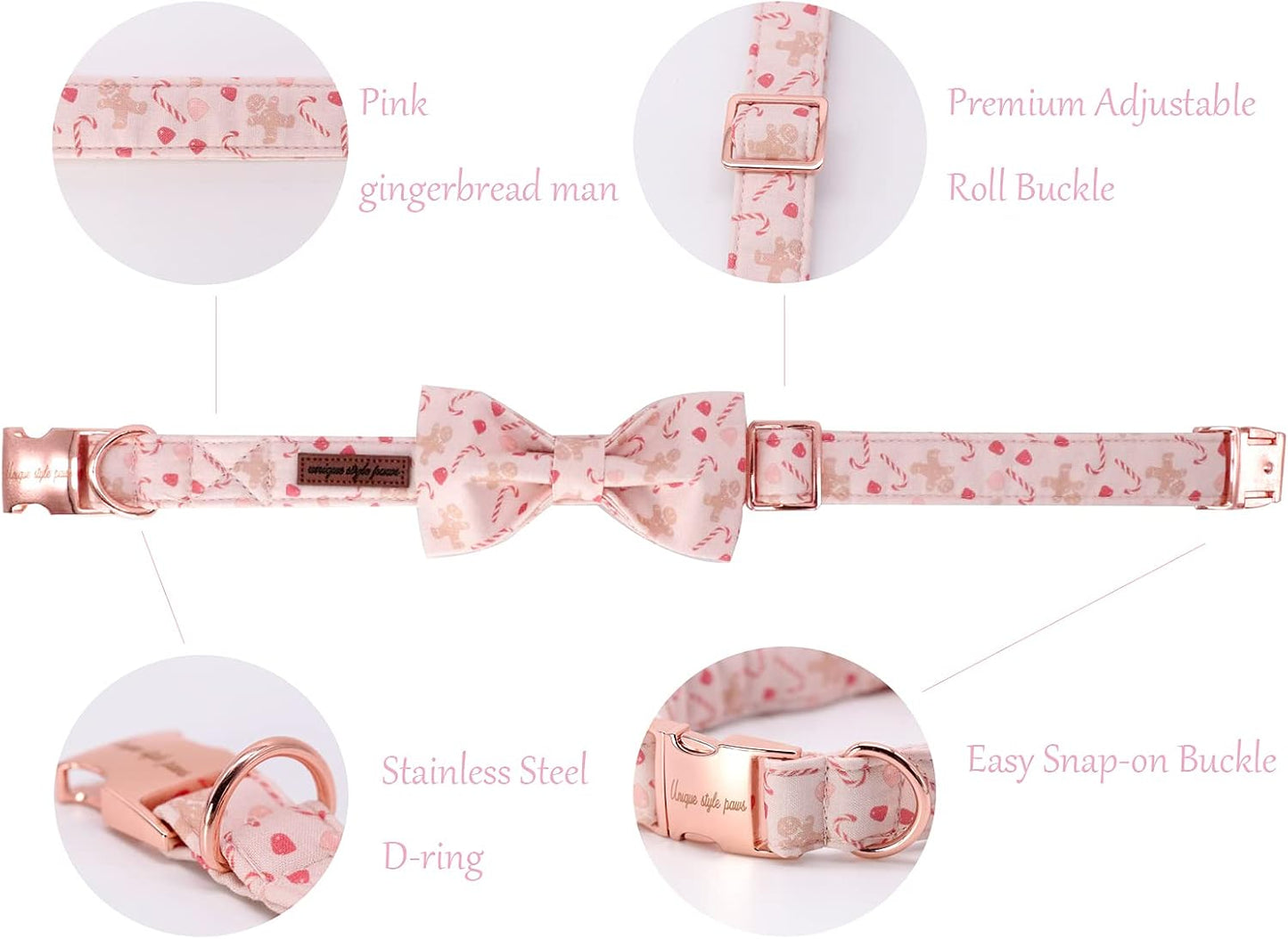 Unique style paws Dog Collar, Pet Collar Dog Bowtie Gift for Girl or Boy Dogs, Christmas Gingerbread Man Adjustable Dog Collar for X-Small Dogs