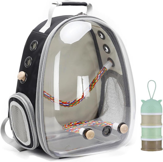Bird Traval Carrier Cage, Clear Space Capsule Astronaut Backpack to Carry Parakeet Cockatiel Parrot with Metal Tray Wood Perch, Vet Transport School Bag