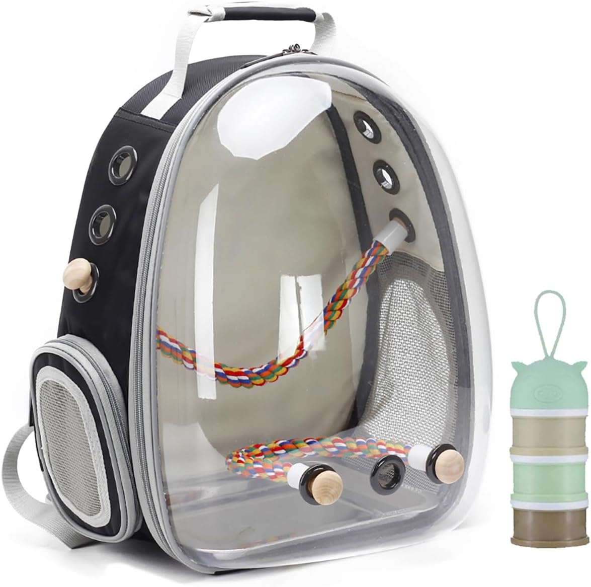 Bird Traval Carrier Cage, Clear Space Capsule Astronaut Backpack to Carry Parakeet Cockatiel Parrot with Metal Tray Wood Perch, Vet Transport School Bag