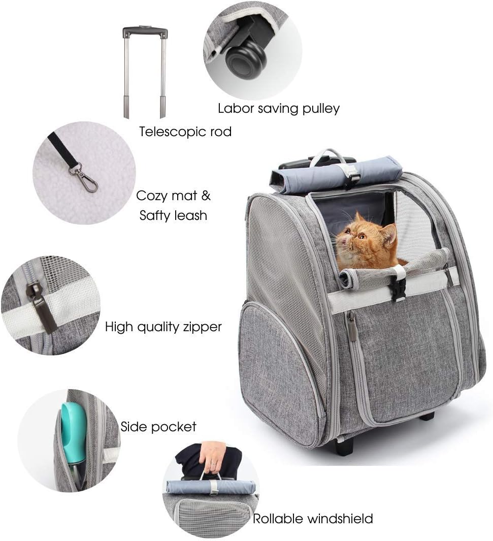 Lollimeow Pet Rolling Carrier, Dog Backpack with Wheels,Cats,Puppies Travel Bag with Wheels,Dog Trolley(Grey)