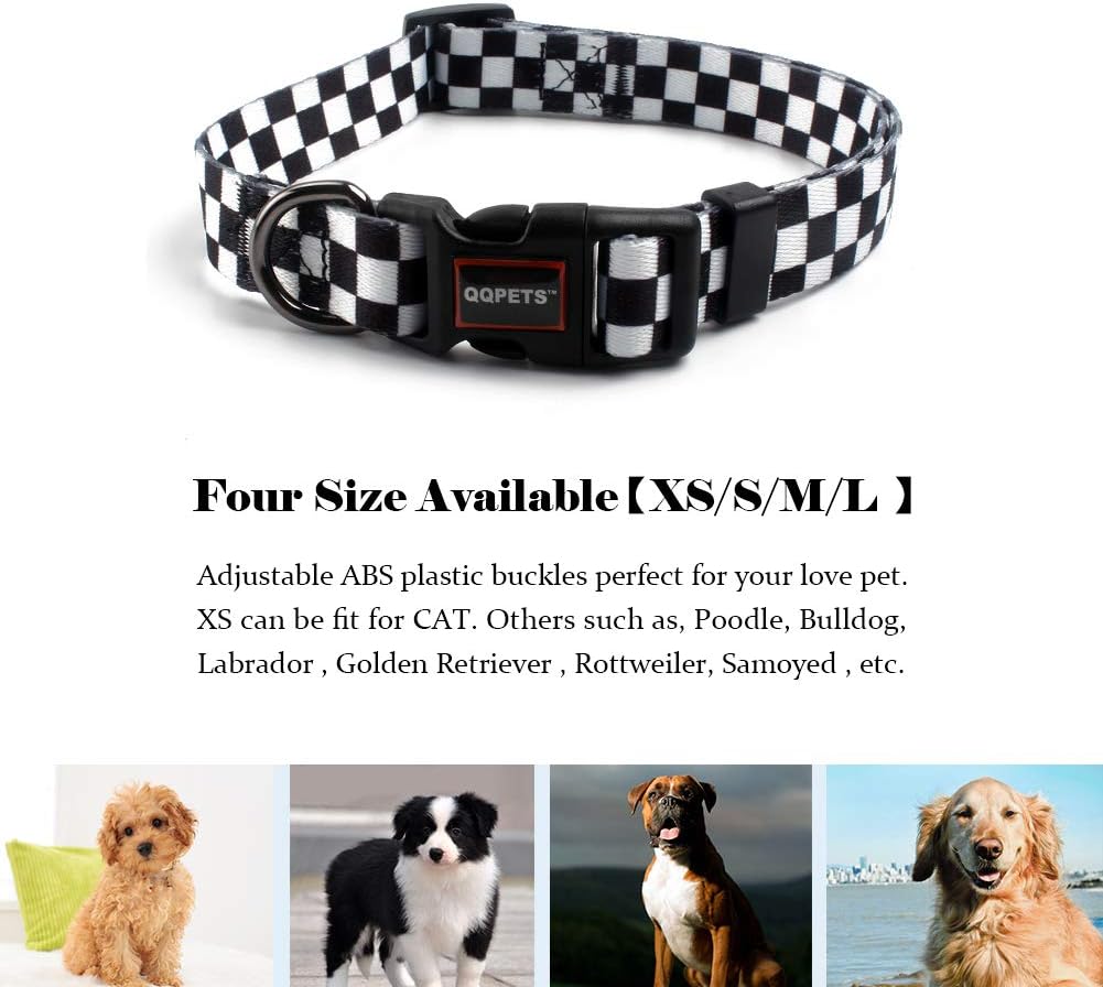 QQPETS Adjustable Soft Dog Collar: Print Flower Pink Multicolor Cute Patterns for XS Small Medium Large Pet Girl Boy Puppy Walking Running Training (S, Plaid)