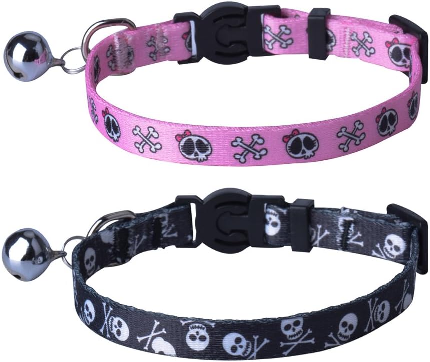 PUPTECK Cat Collar Breakaway with Bells, Kitten Collar Outfit Adjustable for Girl Boy Small Pet Puppy Bunny, Cute Costume Accessory with Safety Release Buckle (Skull)