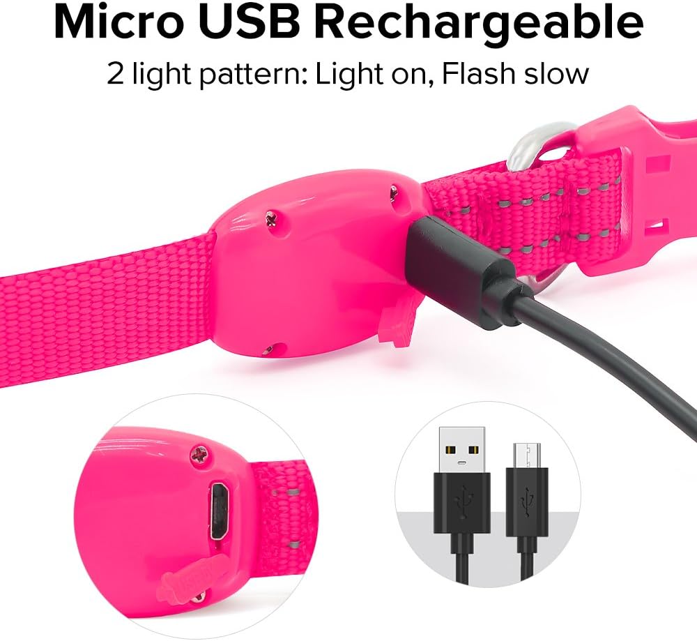 BSEEN Light Up Dog Collar, Rechargeable LED Dog Collar Glow in the Dark Cat Collar Reflective Puppy Collar Safety Dog Lights for Night Walking (Pink, XS)