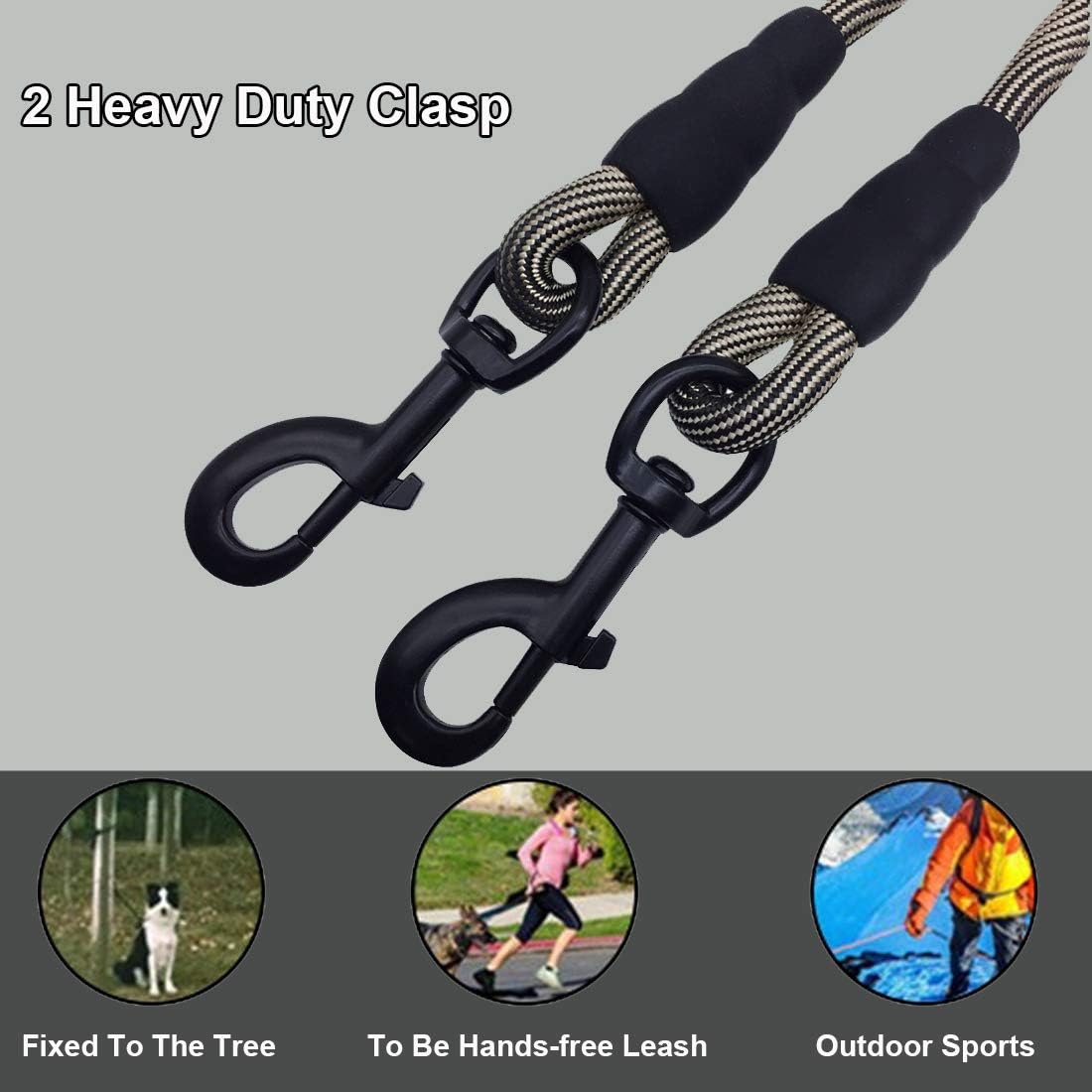 BTINESFUL Tie-Out Check Cord Long Rope Dog Tether, 8ft 12ft 20ft 30ft 50ft Dog Lead for Yard, Large Medium Dogs Oudoor Training, Playing, Camping, or Backyard (30ft, Beige Black)