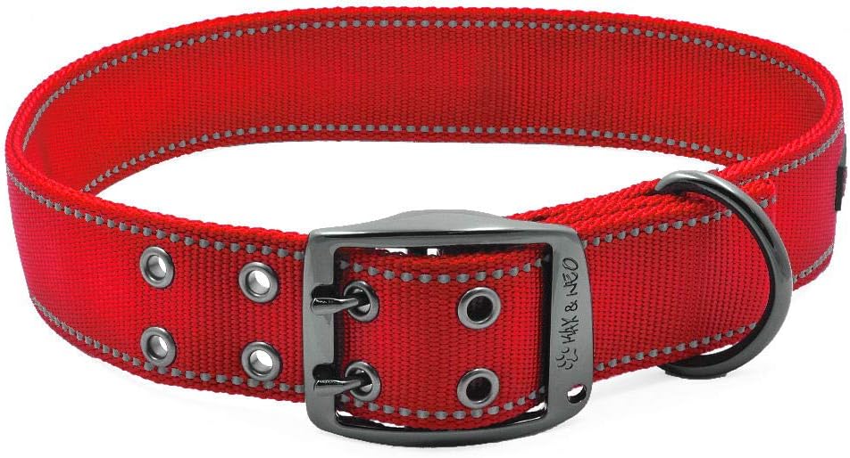 Max and Neo MAX Reflective Metal Buckle Dog Collar - We Donate a Collar to a Dog Rescue for Every Collar Sold (X-Large, RED)