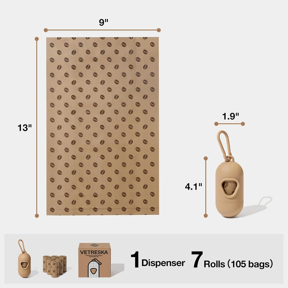 VETRESKA Dog Poop Bags Dispenser with Coffee Scented Waste Bags, Leak Proof, Extra Thick & Strong, 1 Holder and 105 Count Pet Poop Bags (7 Refill Rolls) for Dogs and Cats